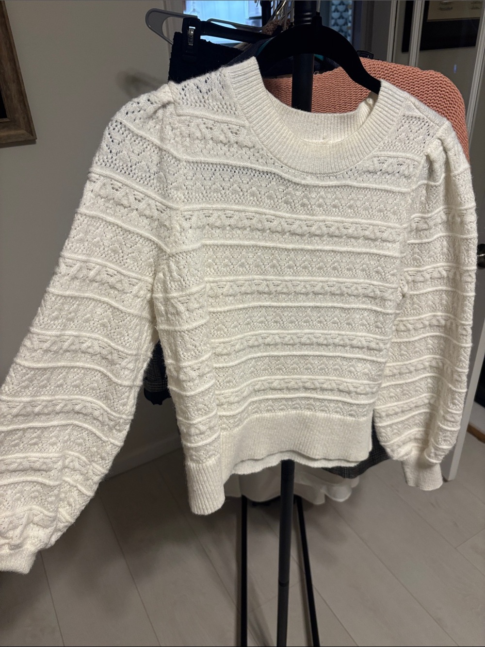 Marled Cream Textured Cable Crewneck Sweater